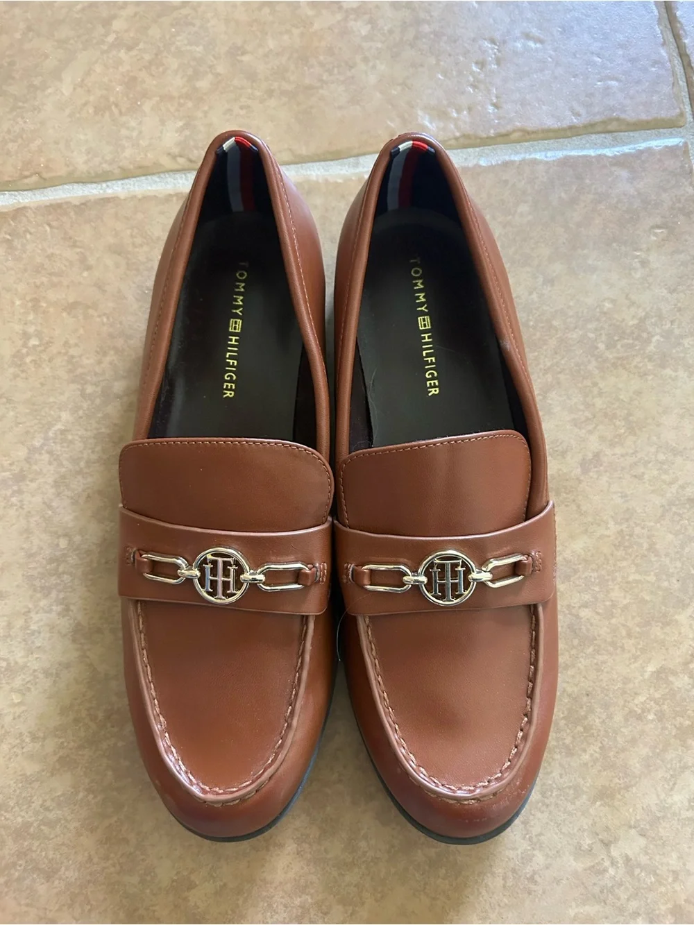 Tommy Hilfiger Cognac Leather Slip-On Loafers with Gold TH Hardware